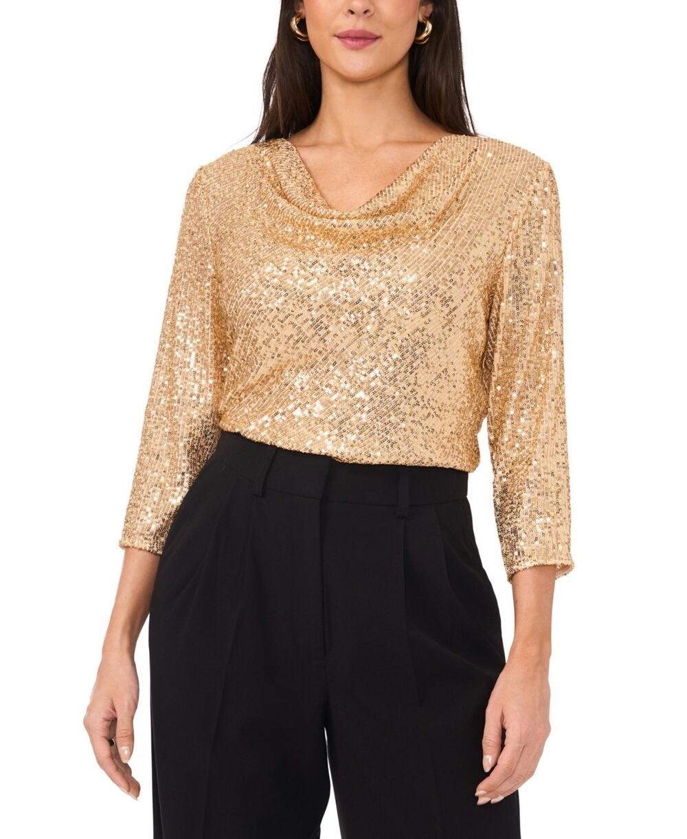 Vince Camuto Women's Sequined Cowlneck 3/4-Sleeve Top Gold Size XXs 1351